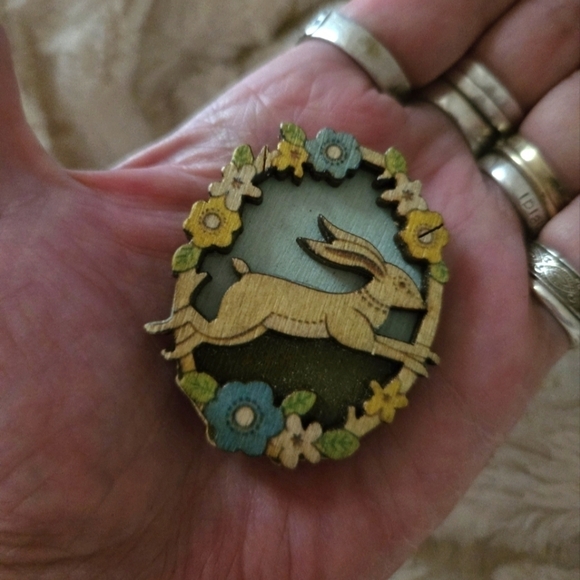 Whimsical Wood Bunny Brooch - Picture 2 of 4